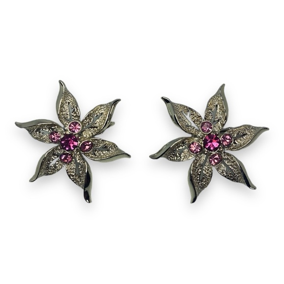 Vintage Sarah Coventry Gold Tone Pink Rhinestone Flower Clip On Earrings - Picture 4 of 5